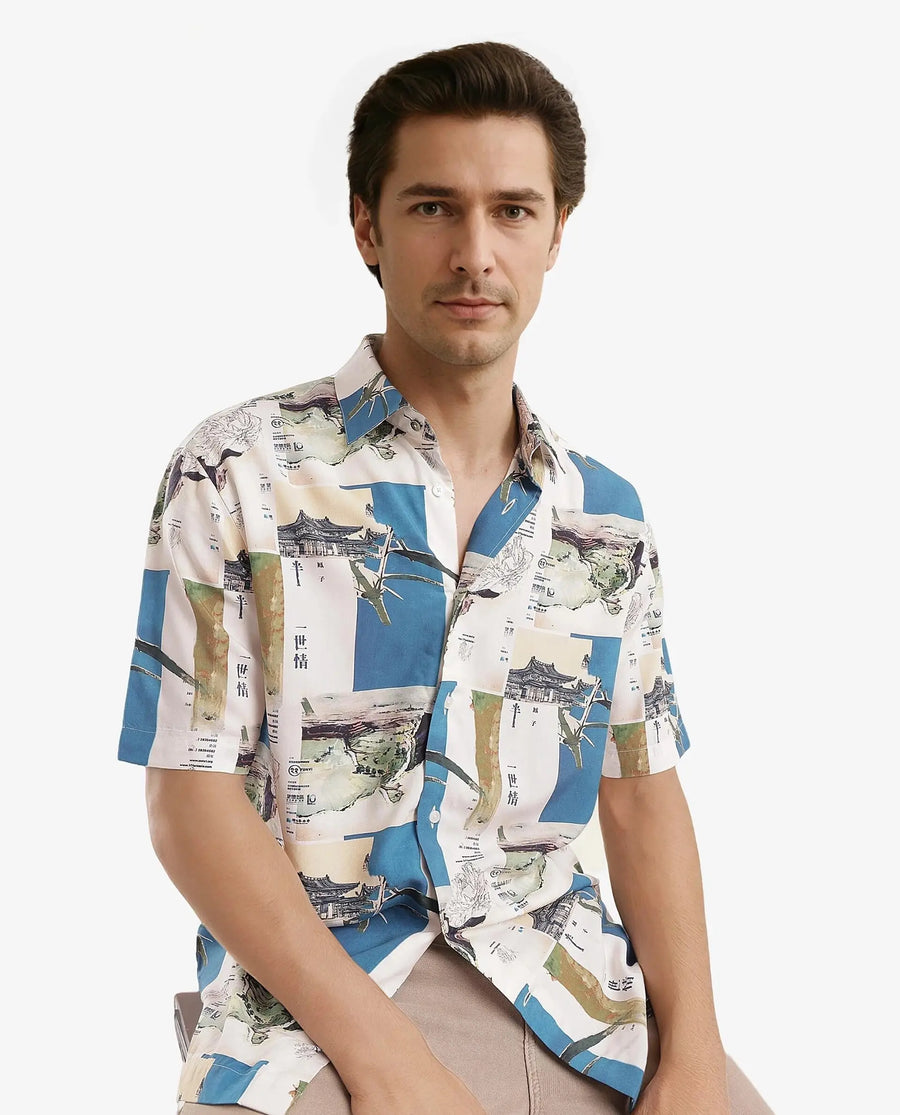 Rare Rabbit Men's Jacso Blue Viscose Decorative Print Regular Fit Half Sleeve Collared Shirt