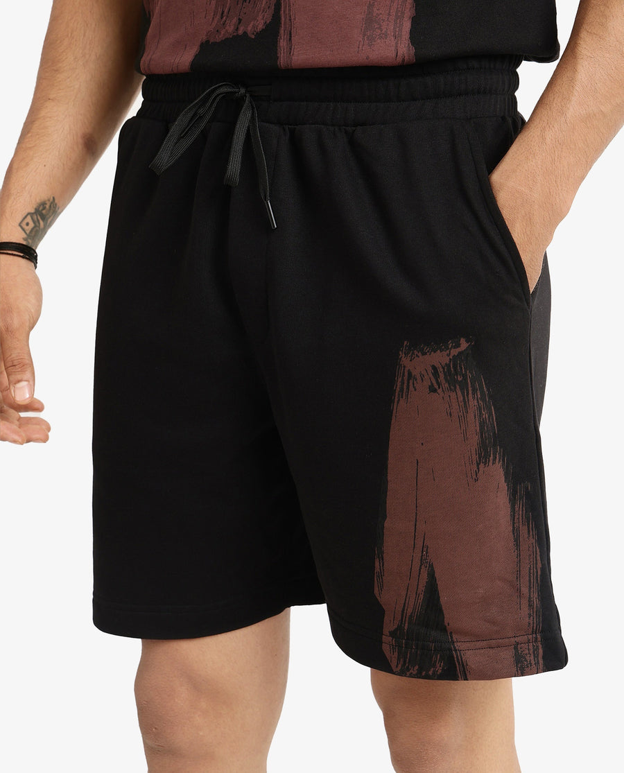 Rare Rabbit Men's Jade-B Black Cotton Blend Graphic Print Oversized Fit Shorts