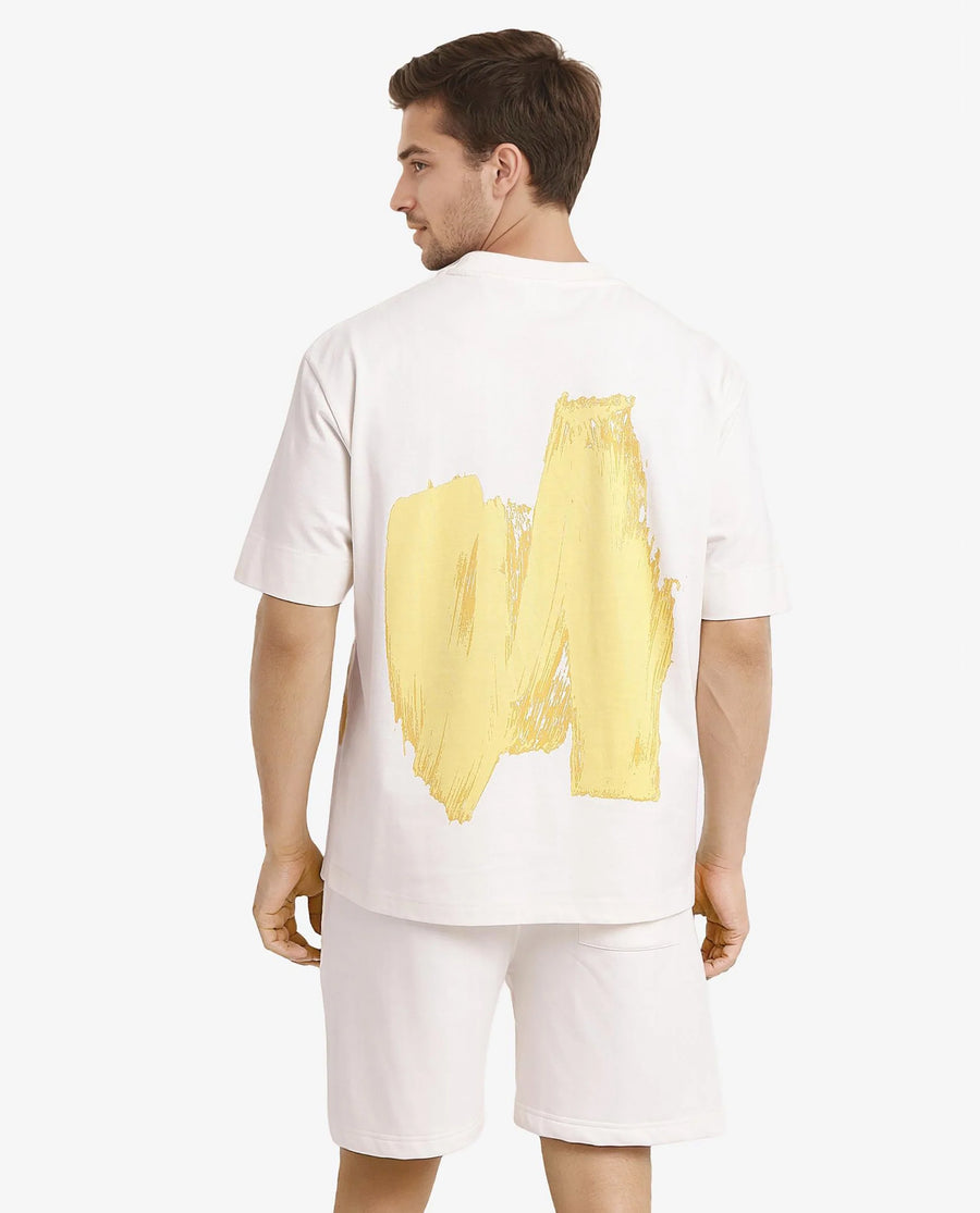 Rare Rabbit Men's Jadez Off White Cotton Graphic Print Oversized Fit Half Sleeve Crew Neck T-Shirt