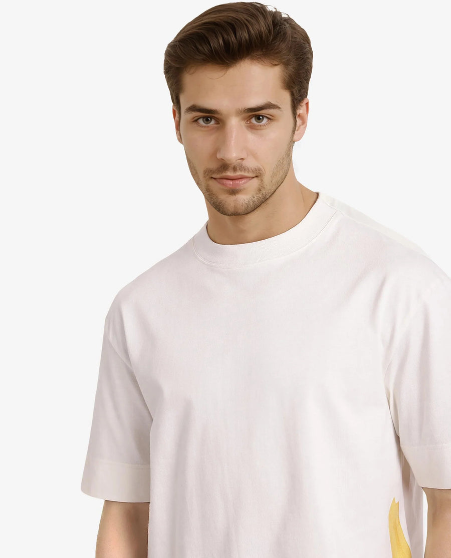 Rare Rabbit Men's Jadez Off White Cotton Graphic Print Oversized Fit Half Sleeve Crew Neck T-Shirt