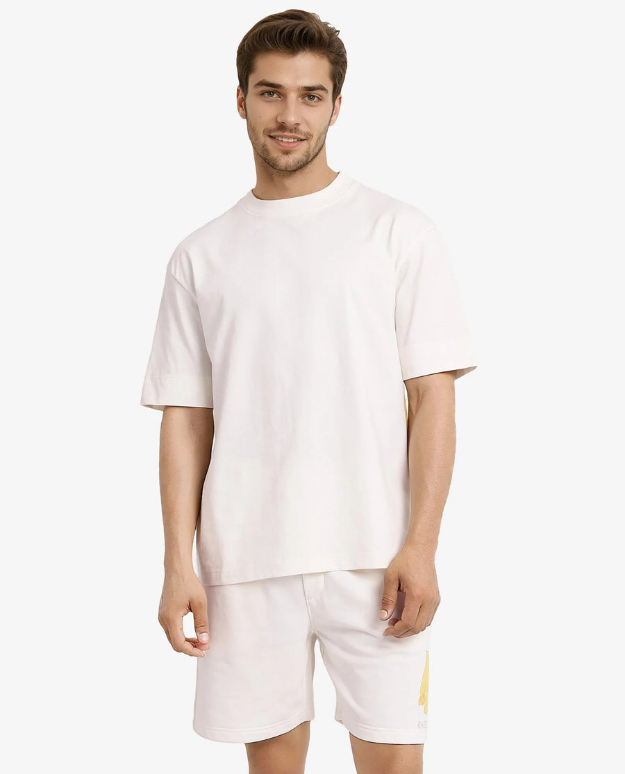 Rare Rabbit Men's Jadez Off White Cotton Graphic Print Oversized Fit Half Sleeve Crew Neck T-Shirt