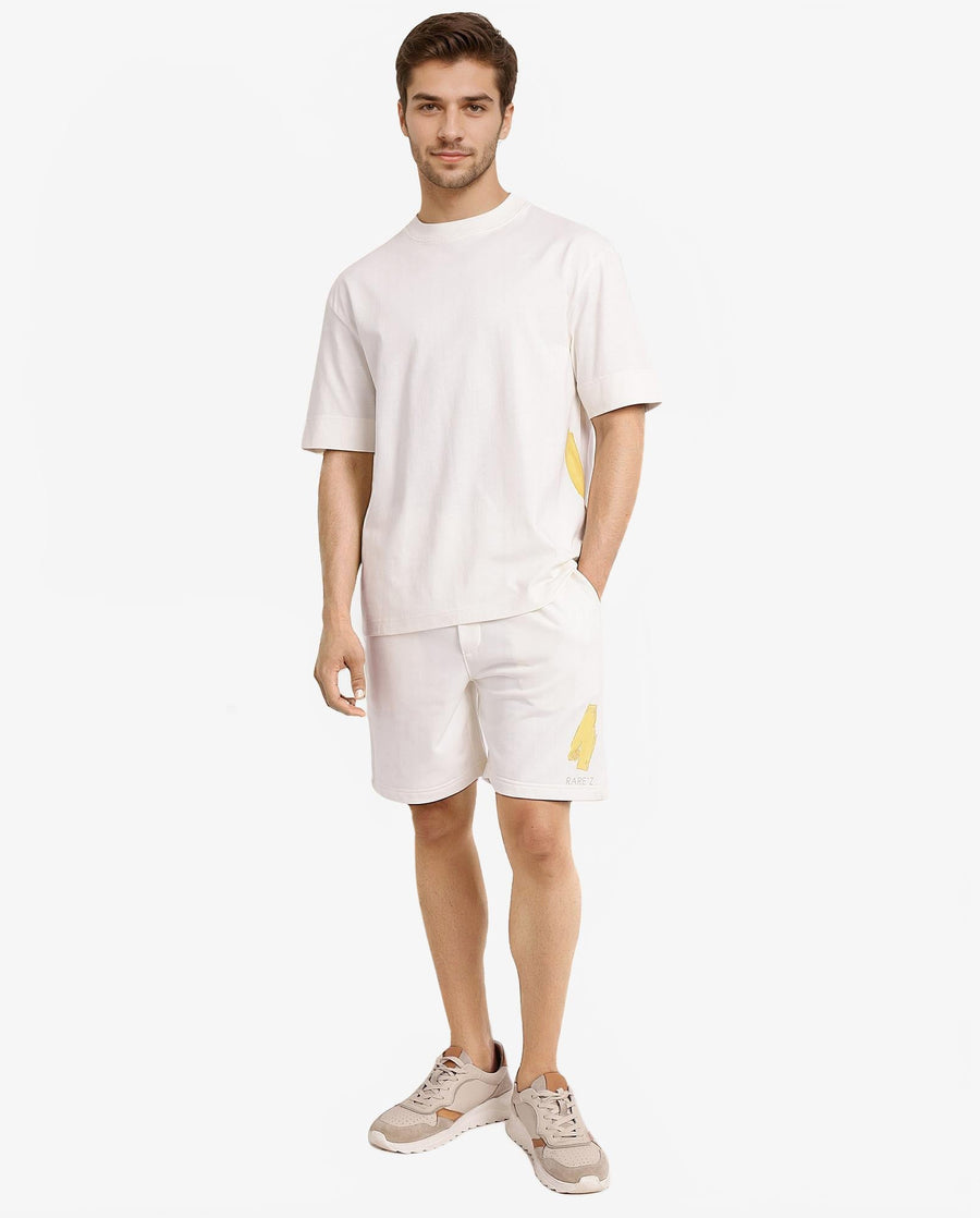 Rare Rabbit Men's Jadez-B Off White Cotton Blend Plain Oversized Fit Shorts
