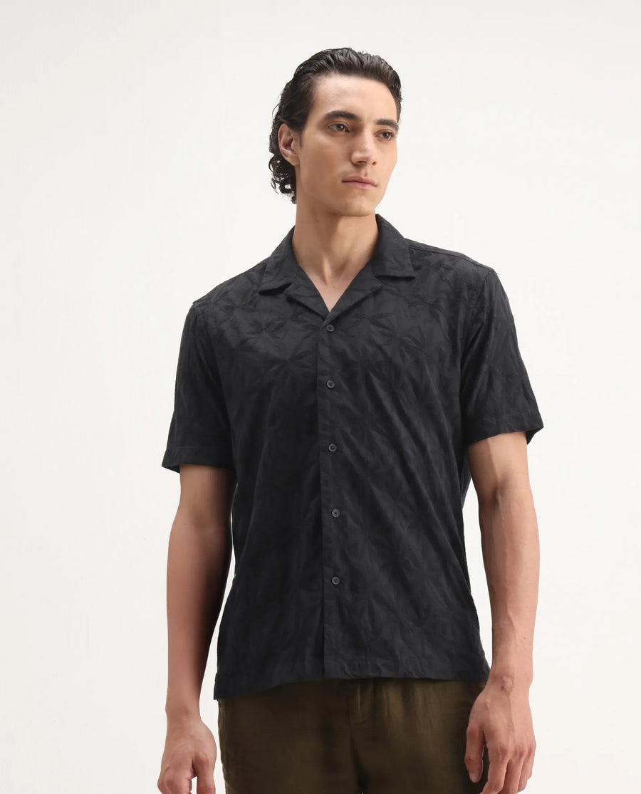 Rare Rabbit Men's Jaff Black Cotton Embroidered Boxy Fit Half Sleeve Cuban Collar Shirt