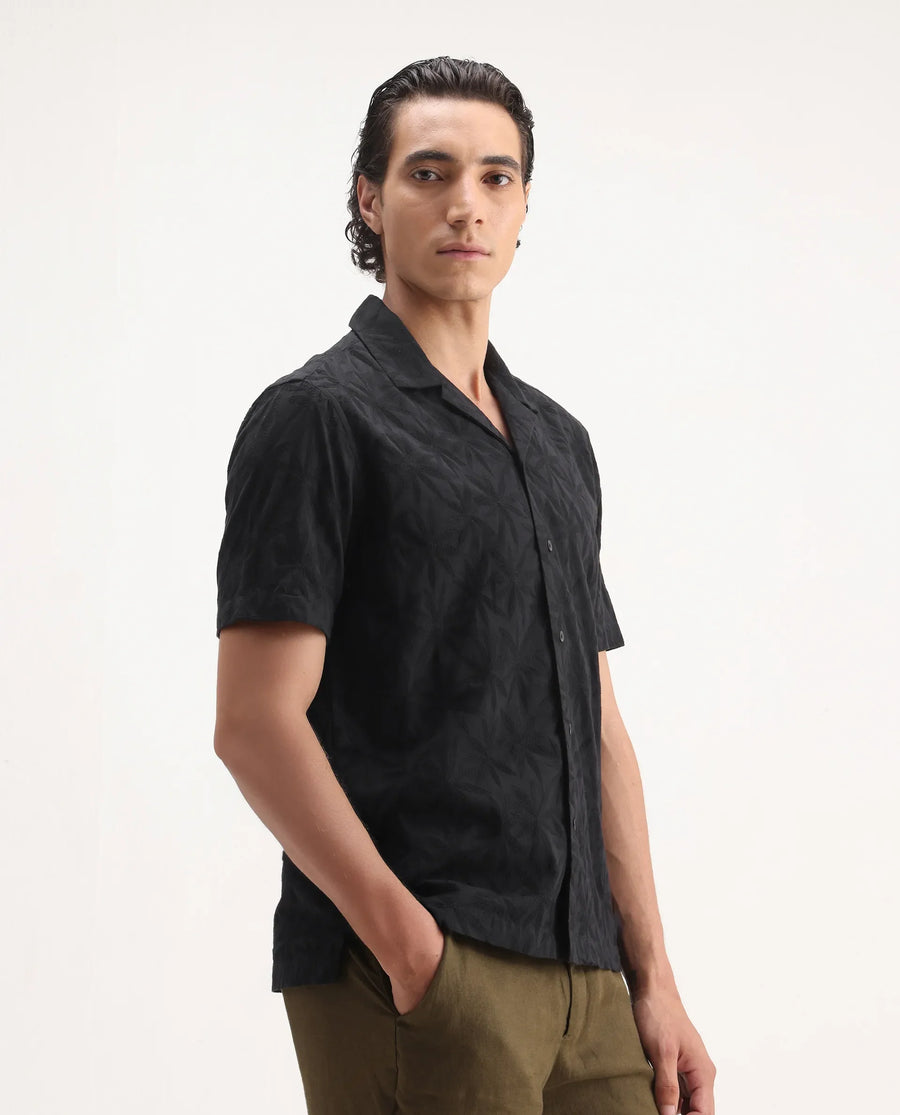 Rare Rabbit Men's Jaff Black Cotton Embroidered Boxy Fit Half Sleeve Cuban Collar Shirt