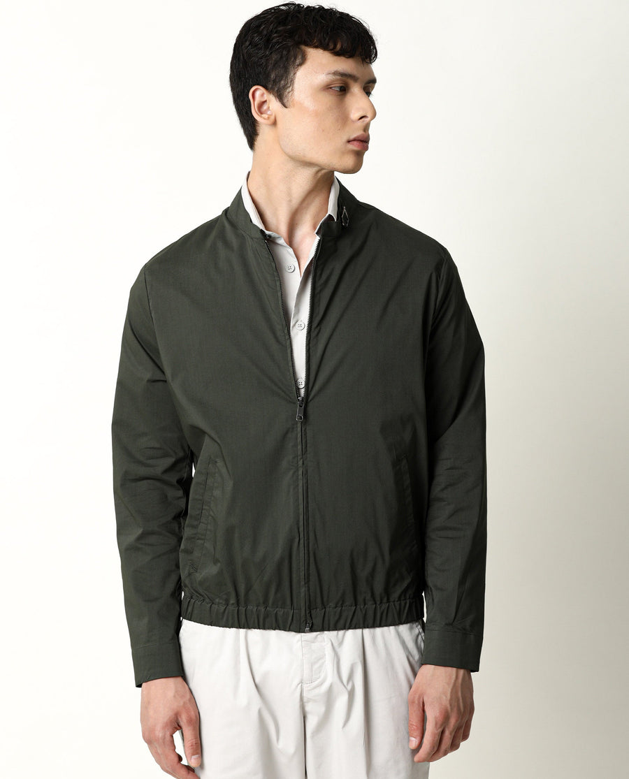 Rare Rabbit Men's Saka Olive Cotton Plain Regular Fit Full Sleeve Mandarin Collar Jacket