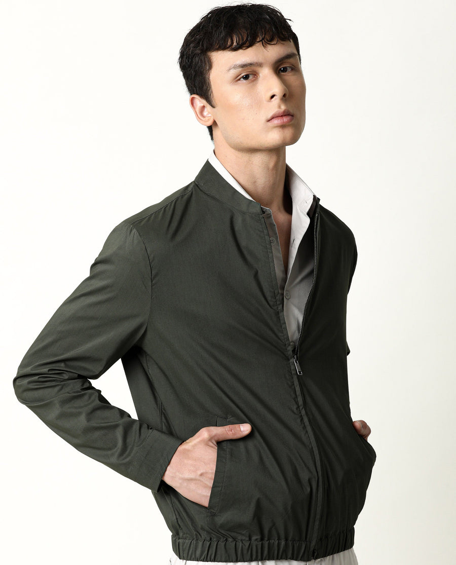 Rare Rabbit Men's Saka Olive Cotton Plain Regular Fit Full Sleeve Mandarin Collar Jacket