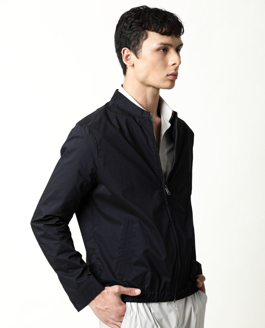 Rare Rabbit Men's Saka Navy Cotton Plain Regular Fit Full Sleeve Mandarin Collar Jacket