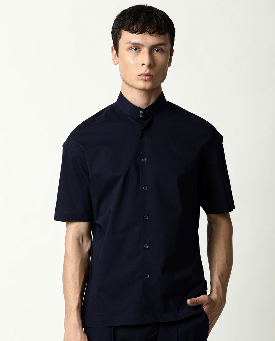 Rare Rabbit Men's Shiro Navy Cotton Plain Regular Fit Half Sleeve Mandarin Collar Shirt