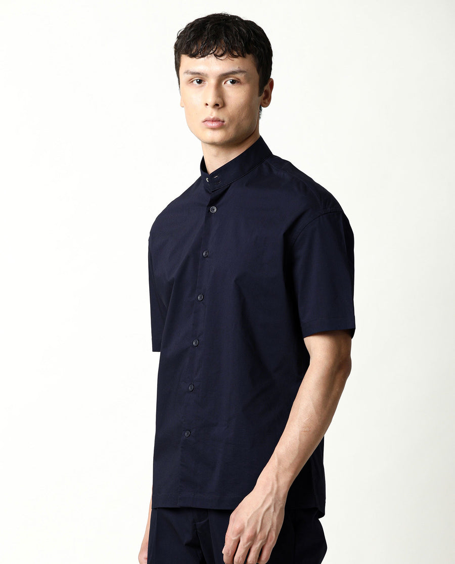 Rare Rabbit Men's Shiro Navy Cotton Plain Regular Fit Half Sleeve Mandarin Collar Shirt