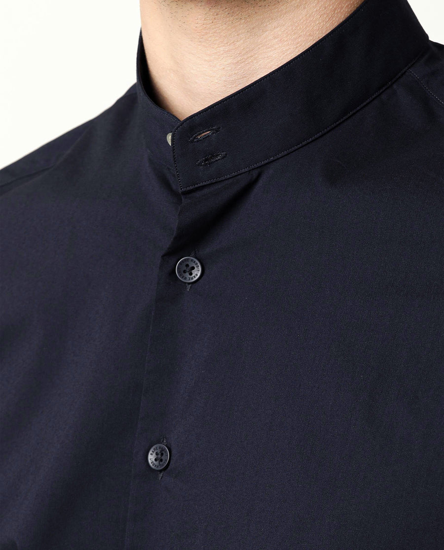 Rare Rabbit Men's Shiro Navy Cotton Plain Regular Fit Half Sleeve Mandarin Collar Shirt
