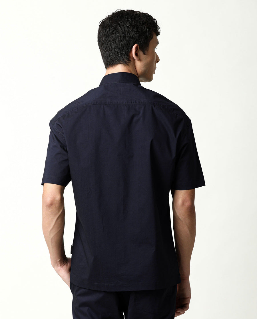 Rare Rabbit Men's Shiro Navy Cotton Plain Regular Fit Half Sleeve Mandarin Collar Shirt