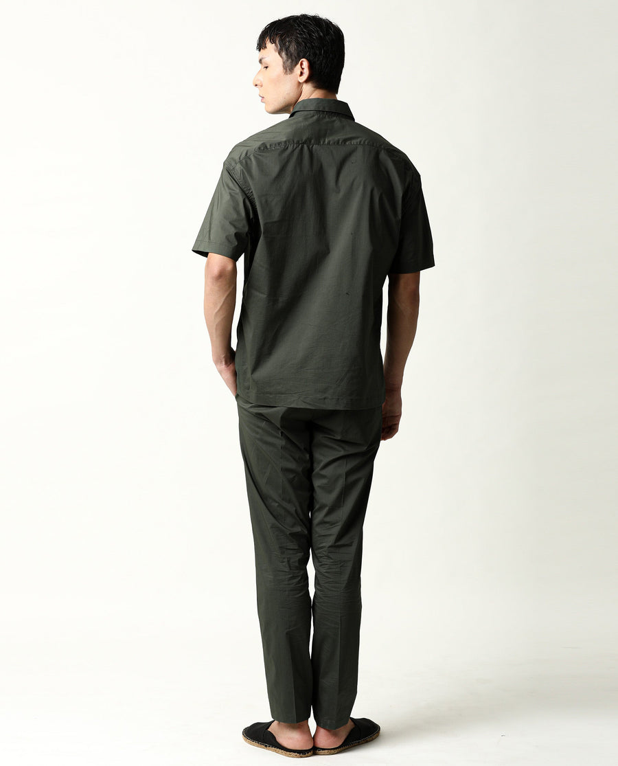 Rare Rabbit Men's Shibuya Olive Cotton Plain Regular Fit Half Sleeve Collared Shirt