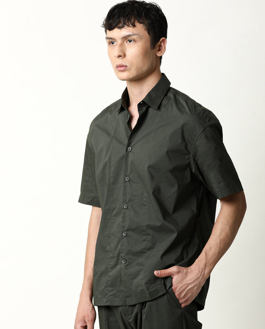 Rare Rabbit Men's Shibuya Olive Cotton Plain Regular Fit Half Sleeve Collared Shirt