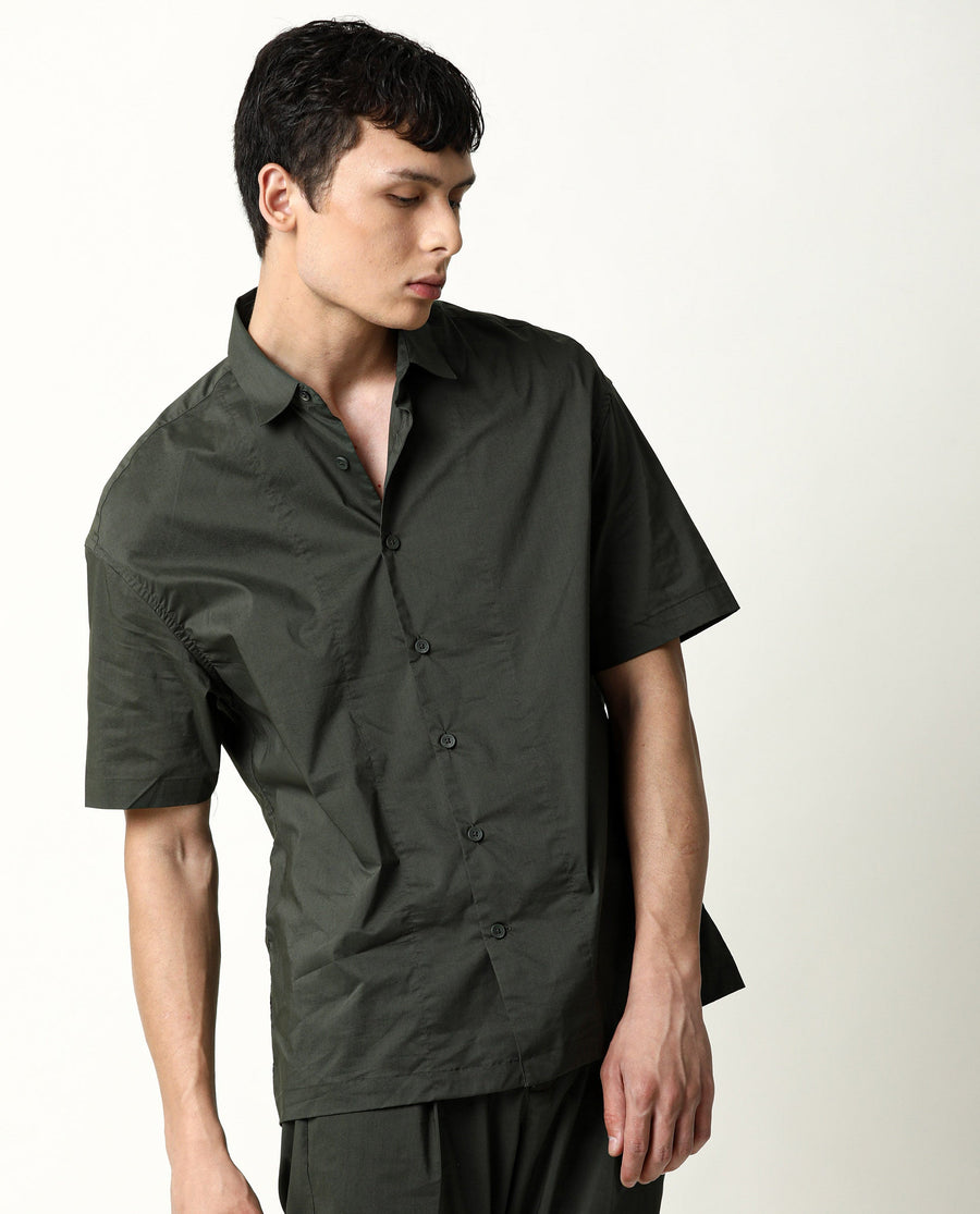 Rare Rabbit Men's Shibuya Olive Cotton Plain Regular Fit Half Sleeve Collared Shirt