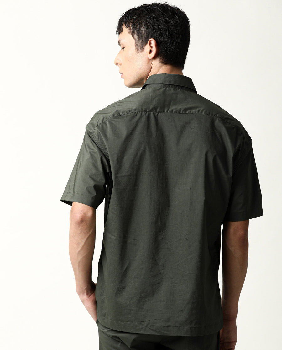 Rare Rabbit Men's Shibuya Olive Cotton Plain Regular Fit Half Sleeve Collared Shirt