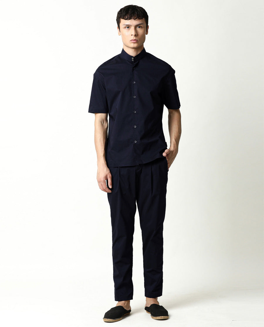 Rare Rabbit Men's Shiro Navy Cotton Plain Regular Fit Half Sleeve Mandarin Collar Shirt