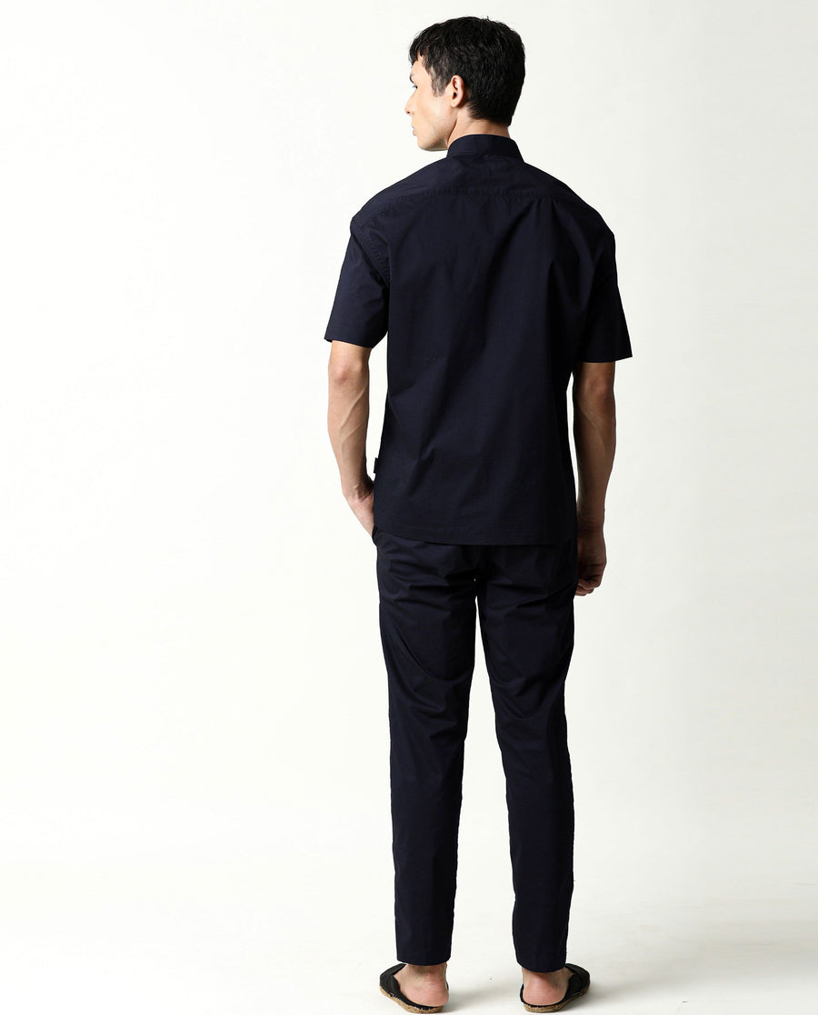 Rare Rabbit Men's Shiro Navy Cotton Plain Regular Fit Half Sleeve Mandarin Collar Shirt