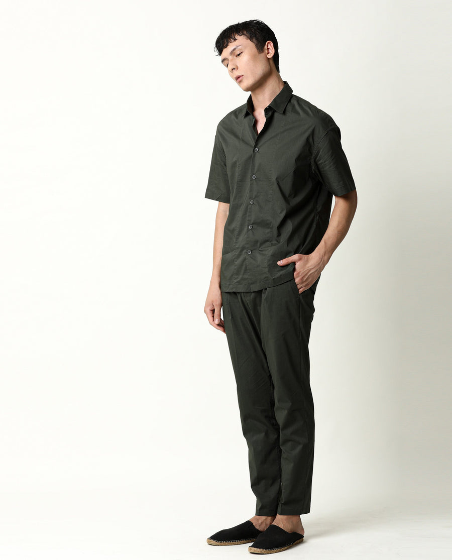 Rare Rabbit Men's Shibuya Olive Cotton Plain Regular Fit Half Sleeve Collared Shirt