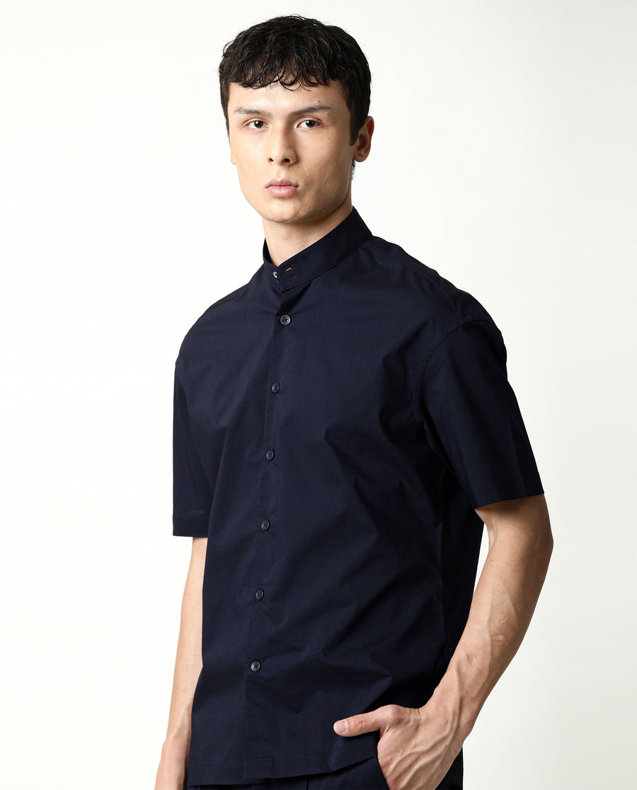Rare Rabbit Men's Shiro Navy Cotton Plain Regular Fit Half Sleeve Mandarin Collar Shirt