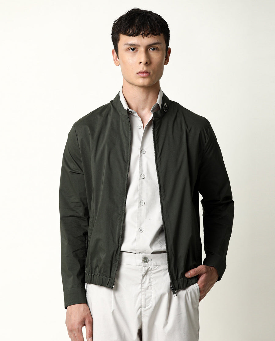 Rare Rabbit Men's Saka Olive Cotton Plain Regular Fit Full Sleeve Mandarin Collar Jacket