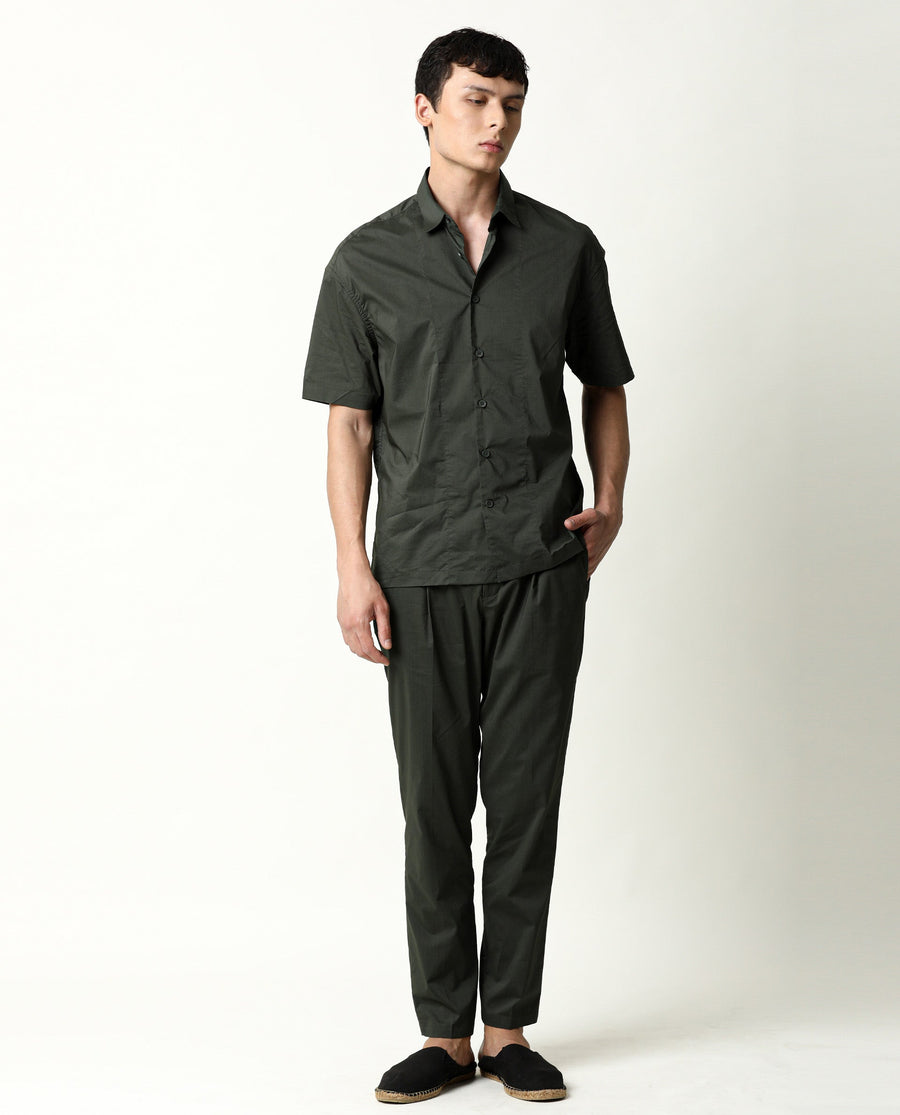 Rare Rabbit Men's Shibuya Olive Cotton Plain Regular Fit Half Sleeve Collared Shirt