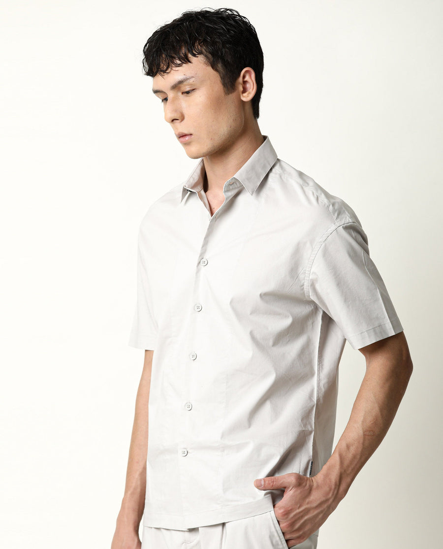 Rare Rabbit Men's Shibuya Beige Cotton Plain Regular Fit Half Sleeve Spread Collar Shirt