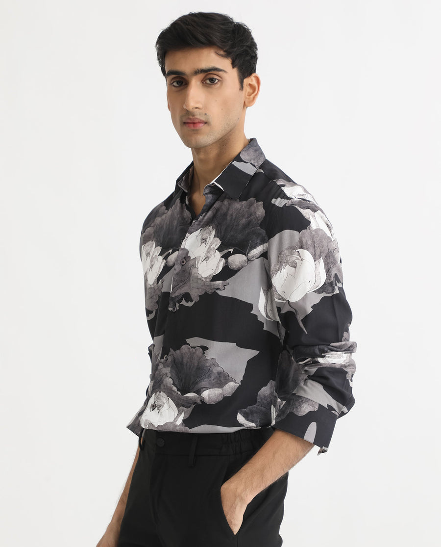 Rare Rabbit Men's Japo Grey Viscose Floral Print Regular Fit Full Sleeve Collared Shirt