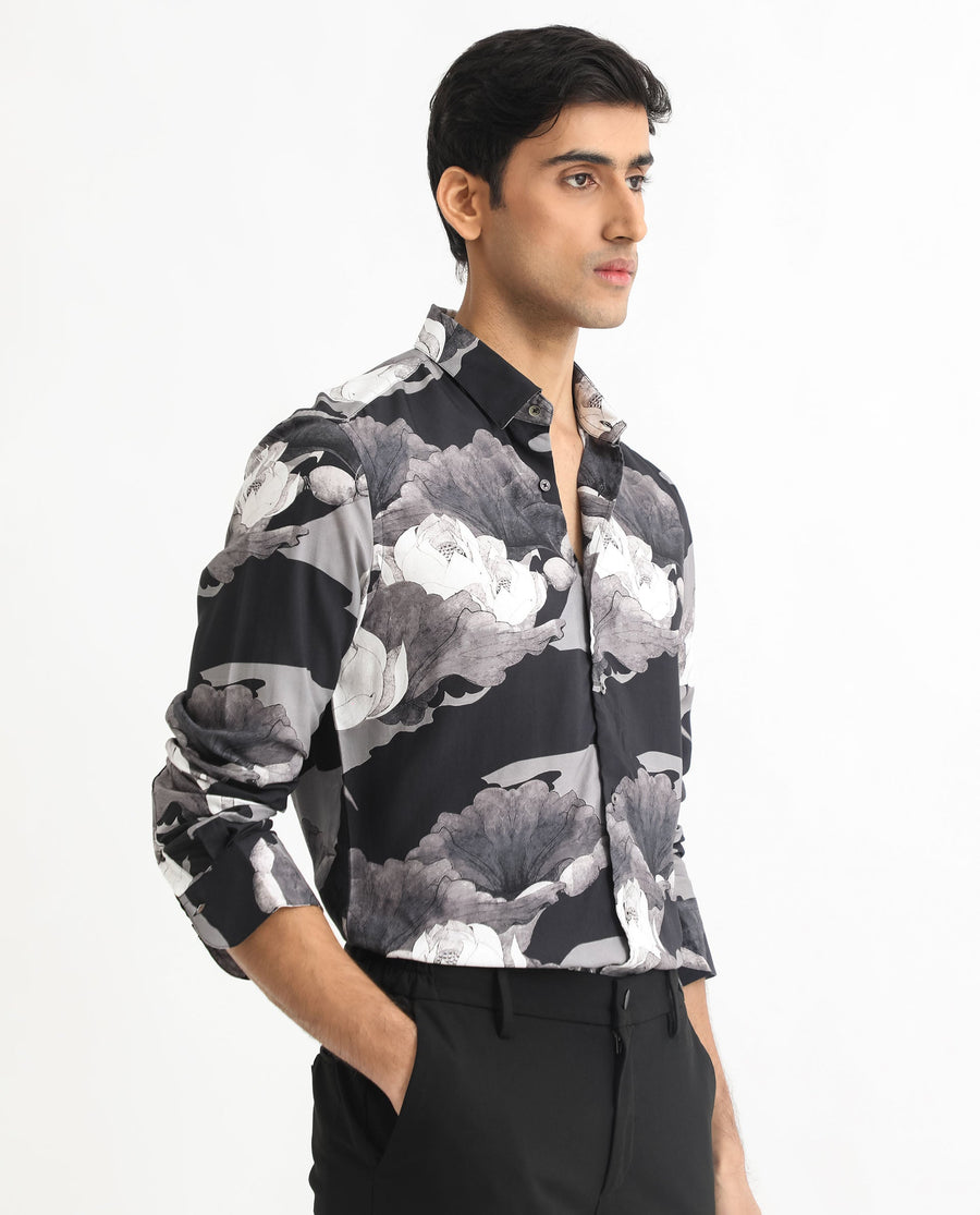Rare Rabbit Men's Japo Grey Viscose Floral Print Regular Fit Full Sleeve Collared Shirt