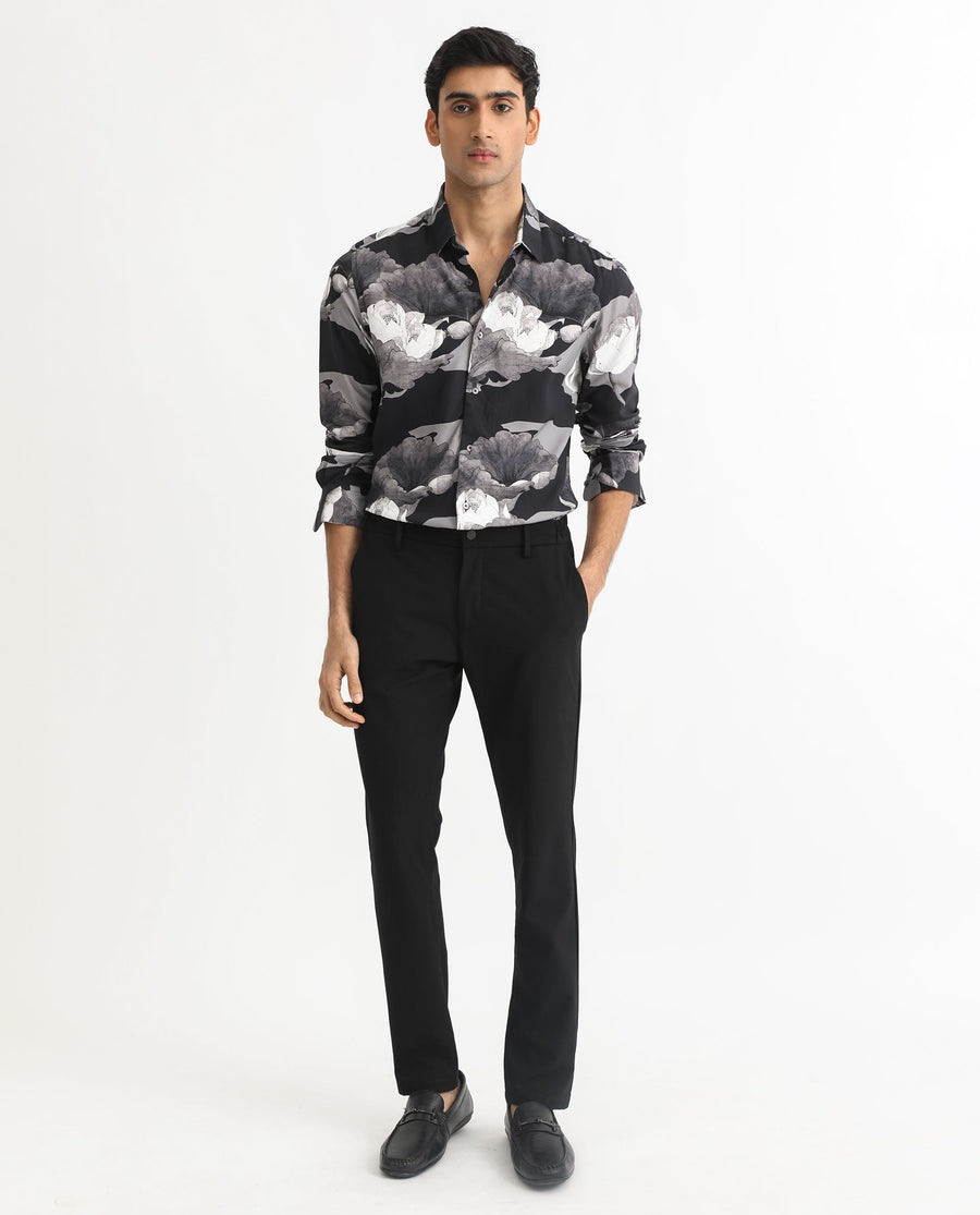 Rare Rabbit Men's Japo Grey Viscose Floral Print Regular Fit Full Sleeve Collared Shirt