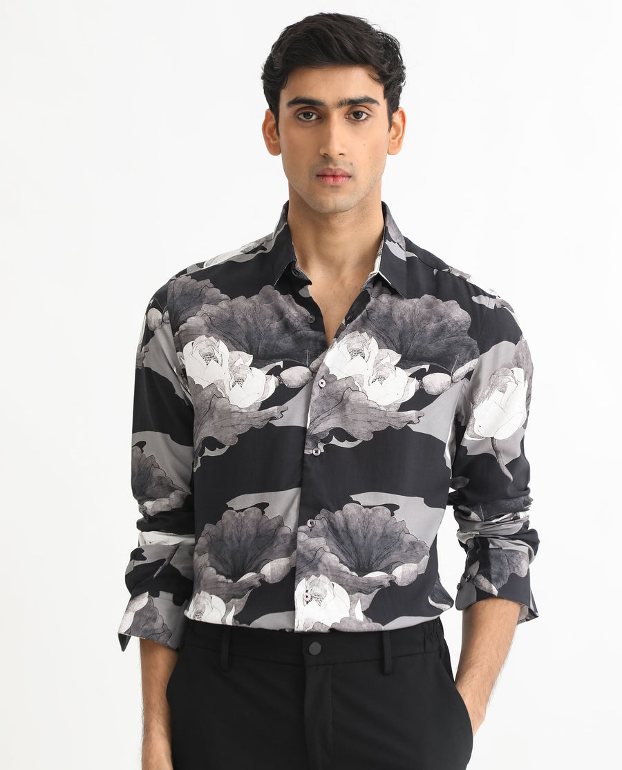 Rare Rabbit Men's Japo Grey Viscose Floral Print Regular Fit Full Sleeve Collared Shirt