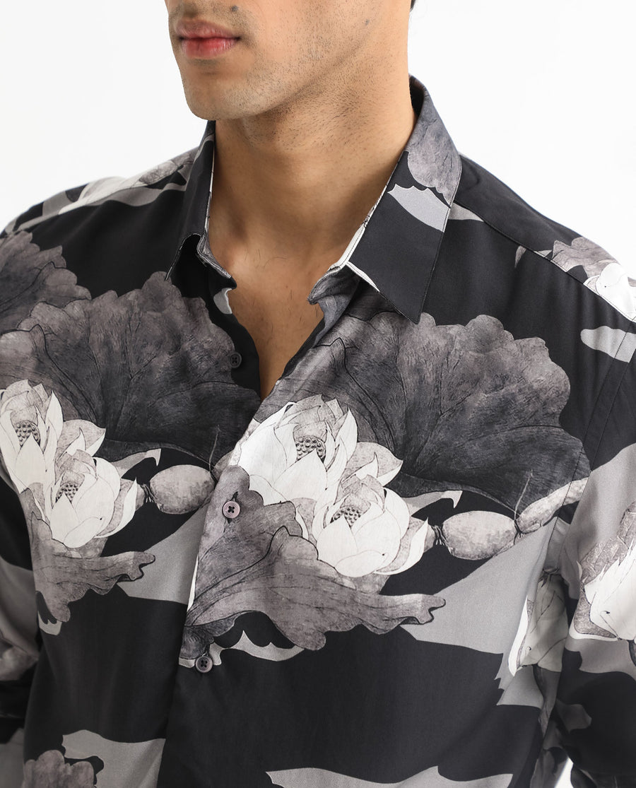 Rare Rabbit Men's Japo Grey Viscose Floral Print Regular Fit Full Sleeve Collared Shirt