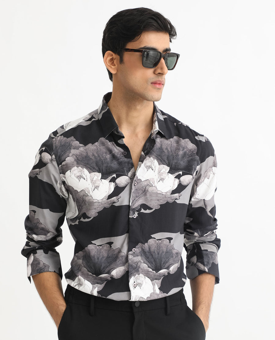 Rare Rabbit Men's Japo Grey Viscose Floral Print Regular Fit Full Sleeve Collared Shirt