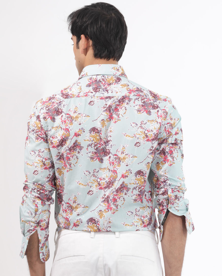 Rare Rabbit Men's Jaqenn Turq Cotton Floral Print Tailored Fit Full Sleeve Collared Shirt