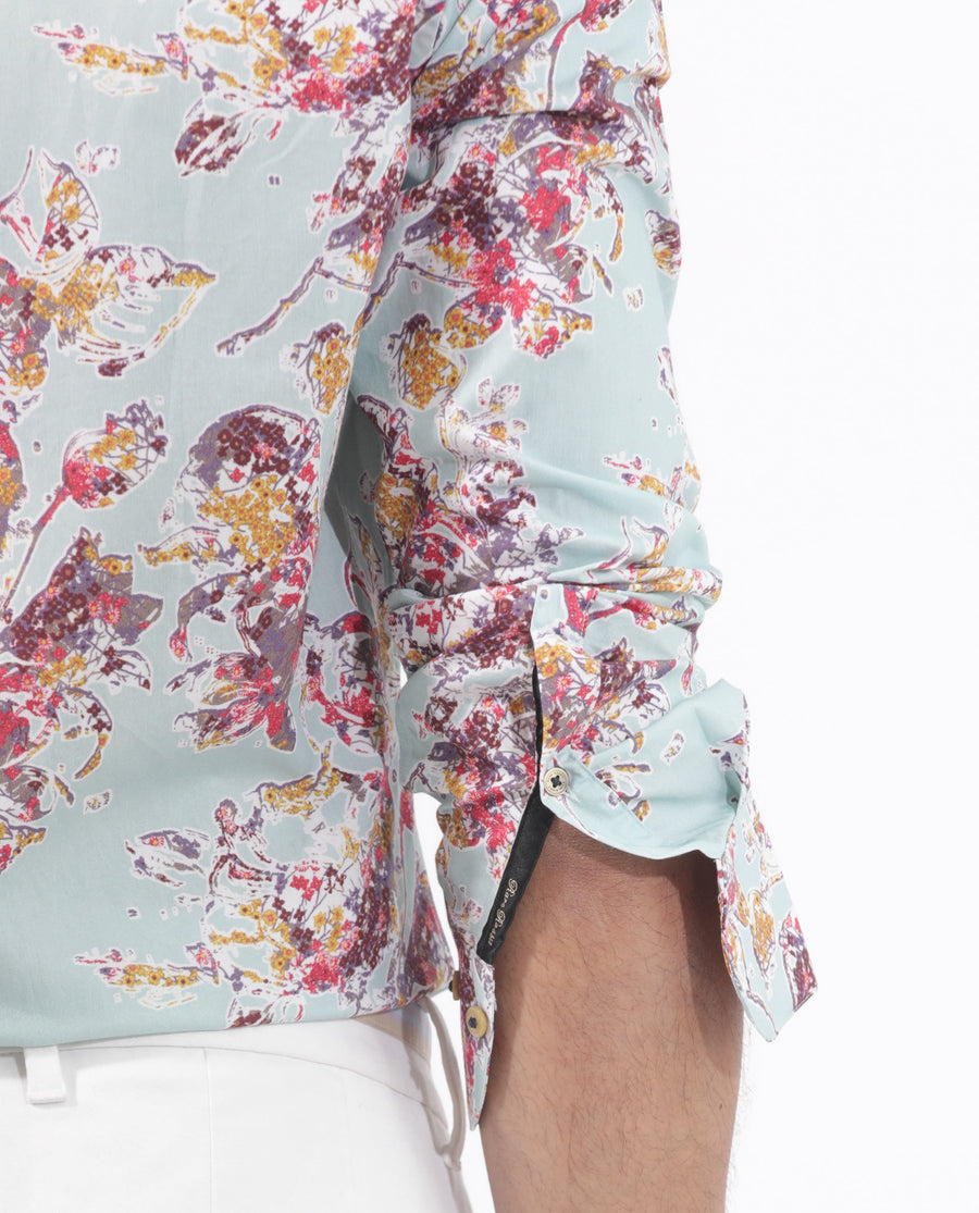 Rare Rabbit Men's Jaqenn Turq Cotton Floral Print Tailored Fit Full Sleeve Collared Shirt