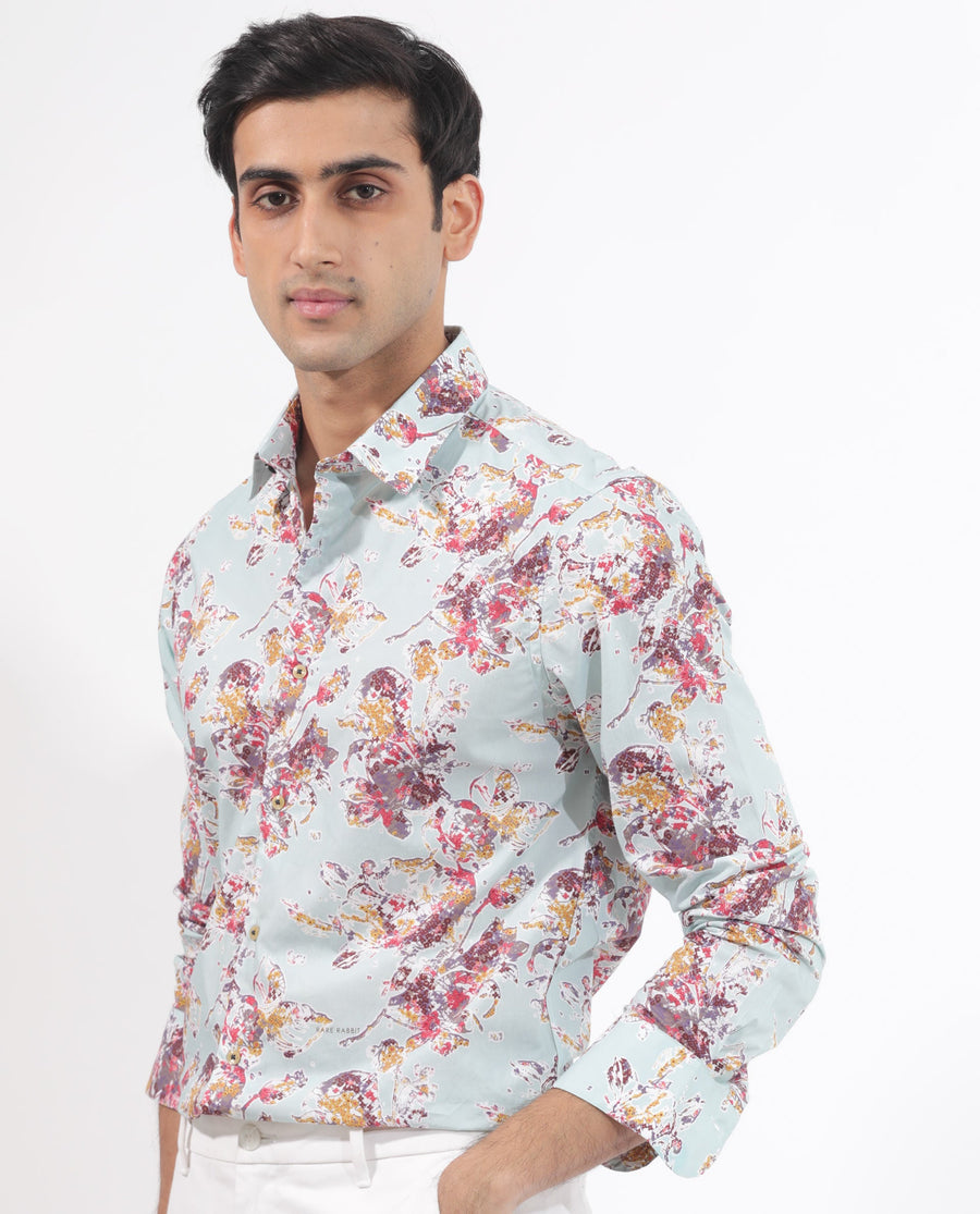 Rare Rabbit Men's Jaqenn Turq Cotton Floral Print Tailored Fit Full Sleeve Collared Shirt