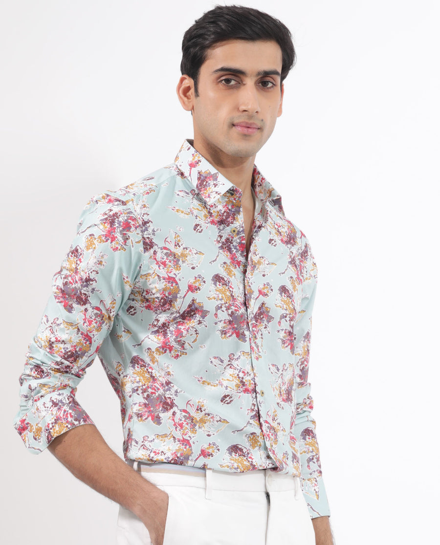 Rare Rabbit Men's Jaqenn Turq Cotton Floral Print Tailored Fit Full Sleeve Collared Shirt