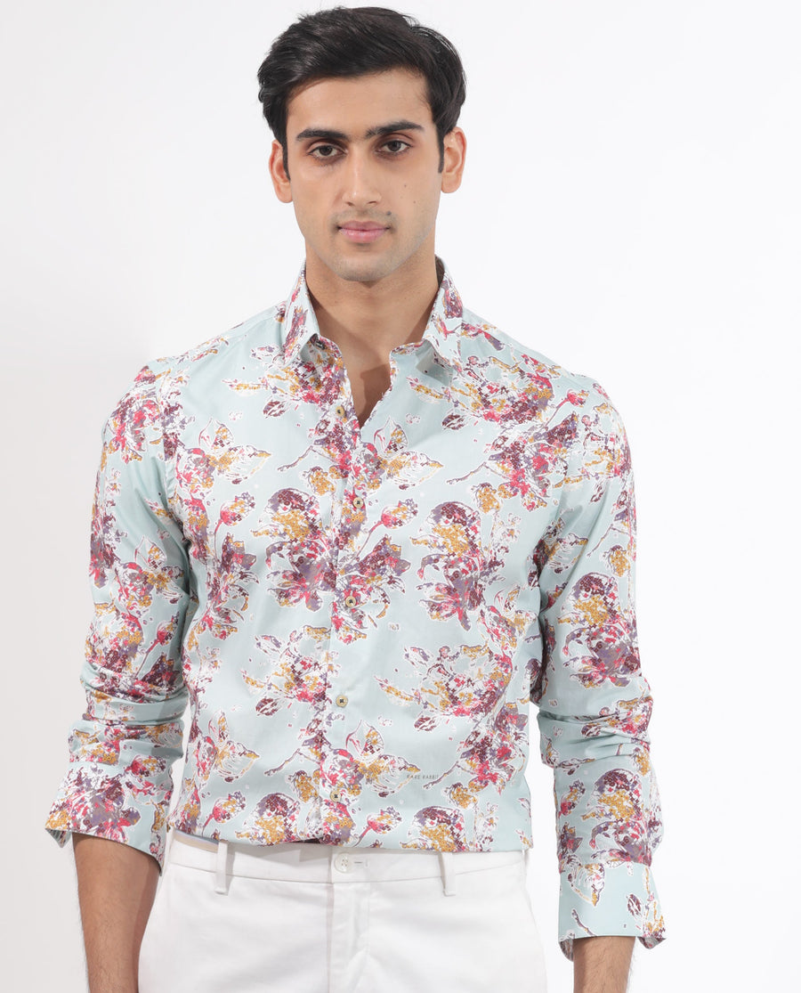 Rare Rabbit Men's Jaqenn Turq Cotton Floral Print Tailored Fit Full Sleeve Collared Shirt