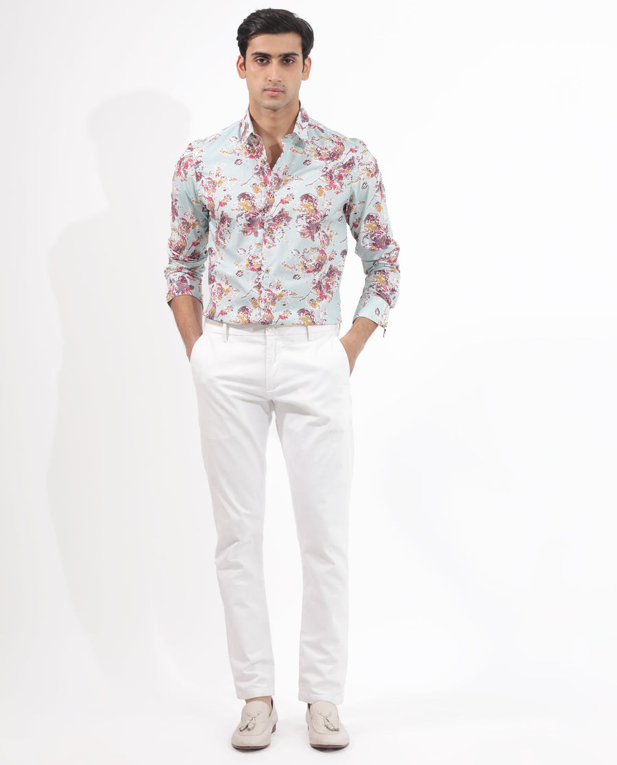 Rare Rabbit Men's Jaqenn Turq Cotton Floral Print Tailored Fit Full Sleeve Collared Shirt