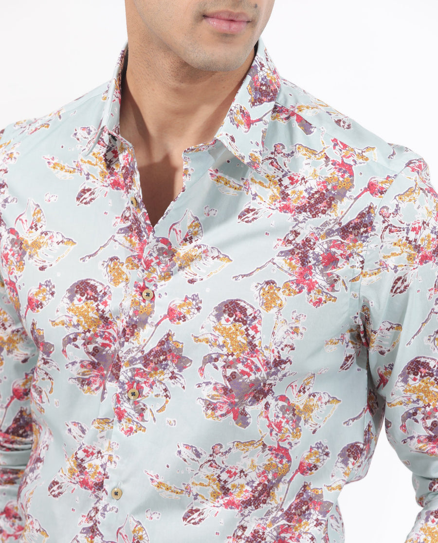 Rare Rabbit Men's Jaqenn Turq Cotton Floral Print Tailored Fit Full Sleeve Collared Shirt