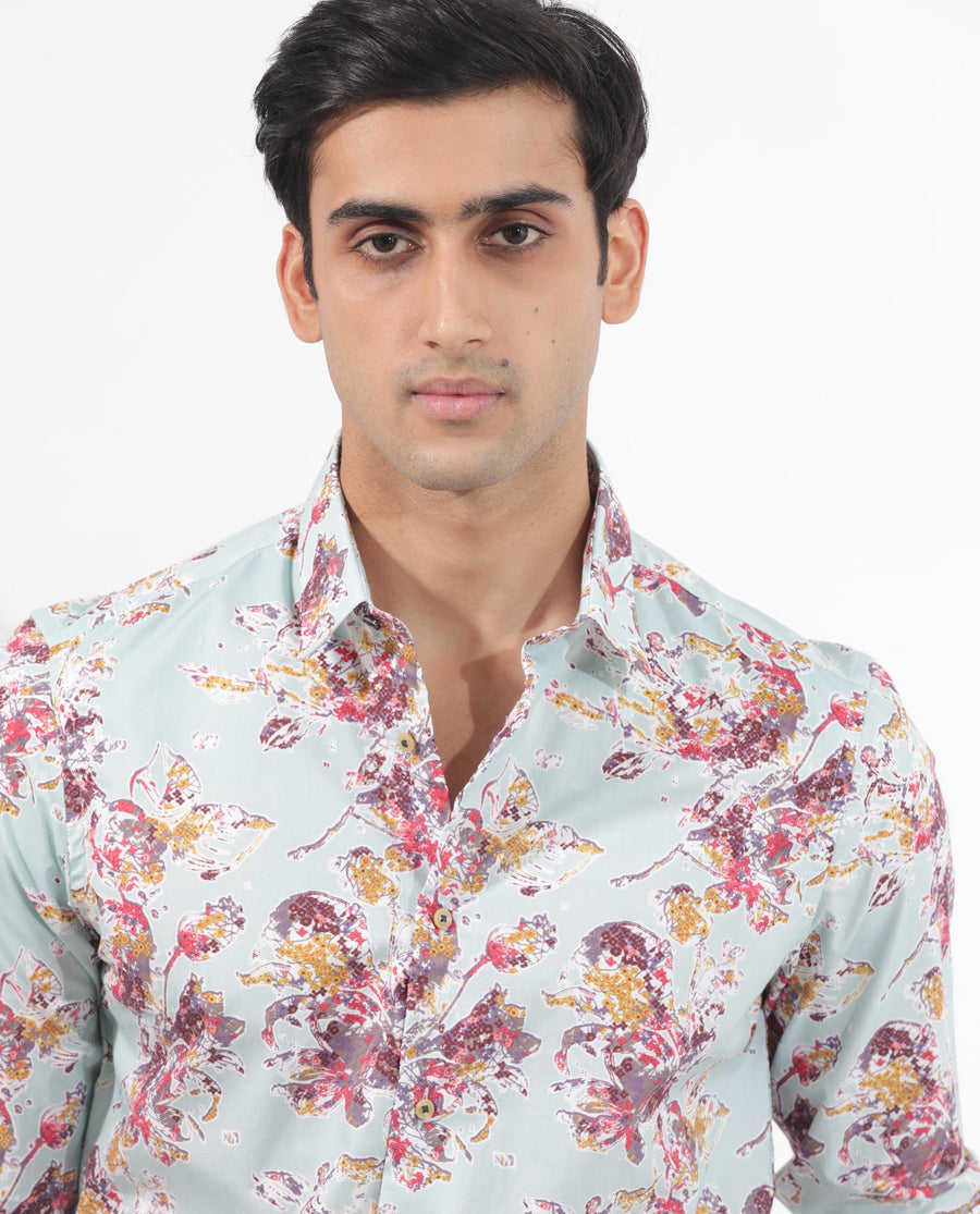 Rare Rabbit Men's Jaqenn Turq Cotton Floral Print Tailored Fit Full Sleeve Collared Shirt