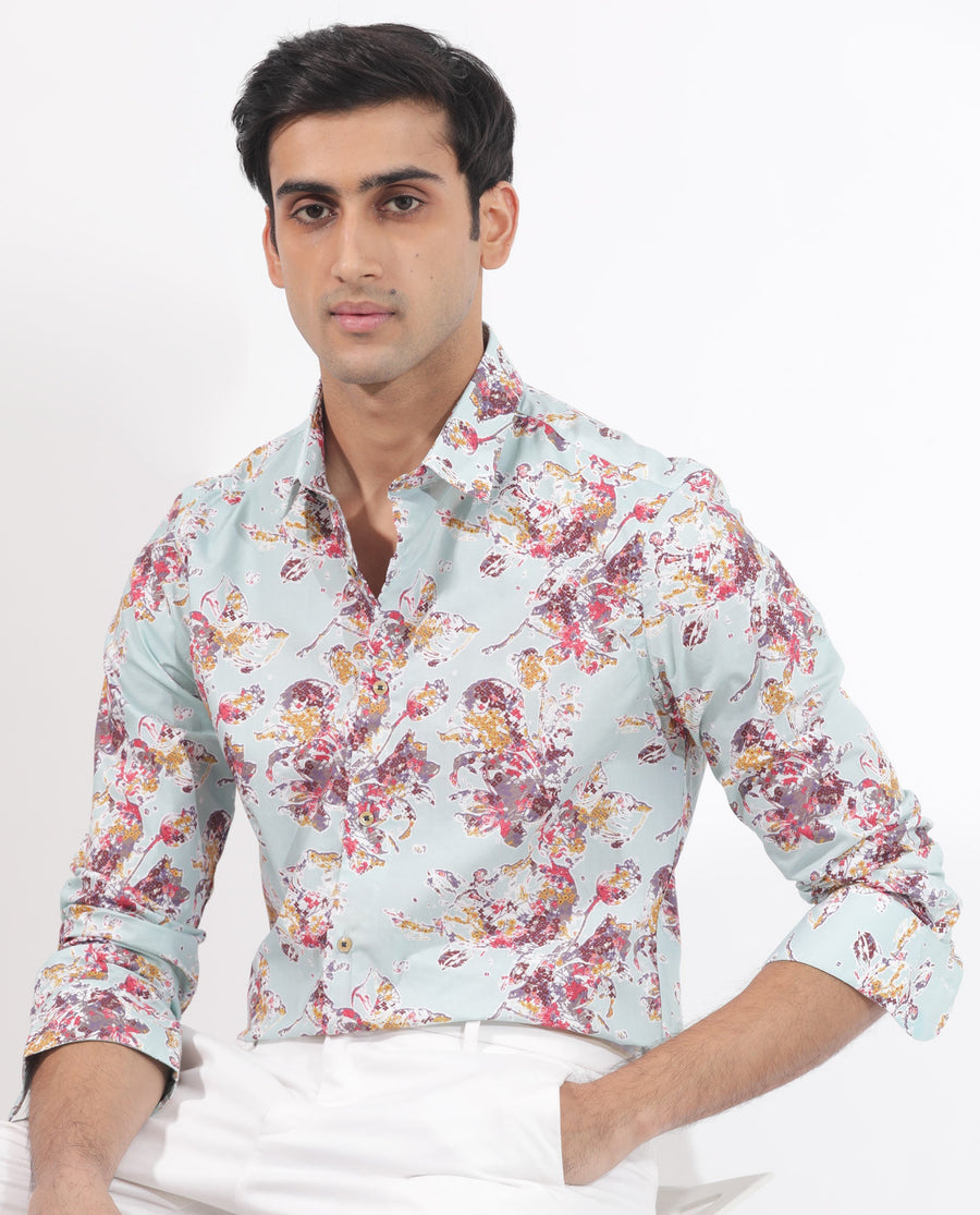 Rare Rabbit Men's Jaqenn Turq Cotton Floral Print Tailored Fit Full Sleeve Collared Shirt