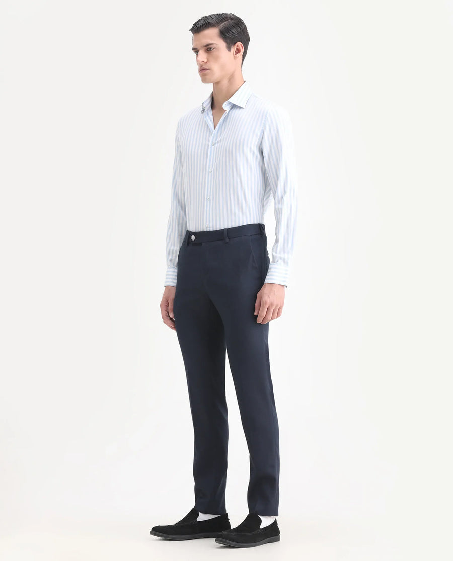 Rare Rabbit Men's Jardin Dark Navy Polyester Plain Tailored Fit Full Sleeve Lapel Neck Suits