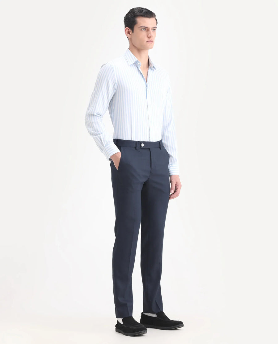 Rare Rabbit Men's Jardin Dark Navy Polyester Plain Tailored Fit Full Sleeve Lapel Neck Suits