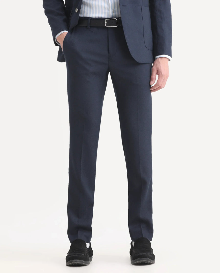 Rare Rabbit Men's Jardin Dark Navy Polyester Plain Tailored Fit Full Sleeve Lapel Neck Suits