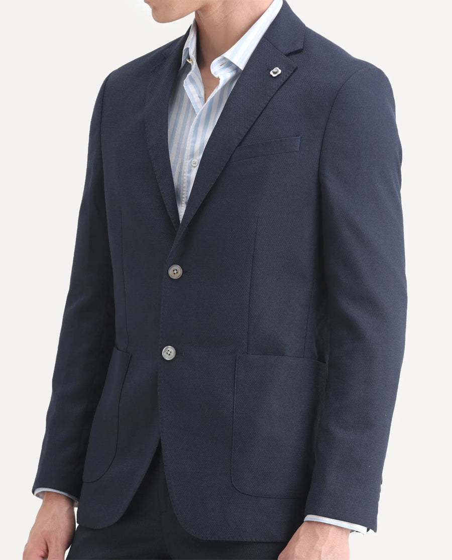 Rare Rabbit Men's Jardin Dark Navy Polyester Plain Tailored Fit Full Sleeve Lapel Neck Suits