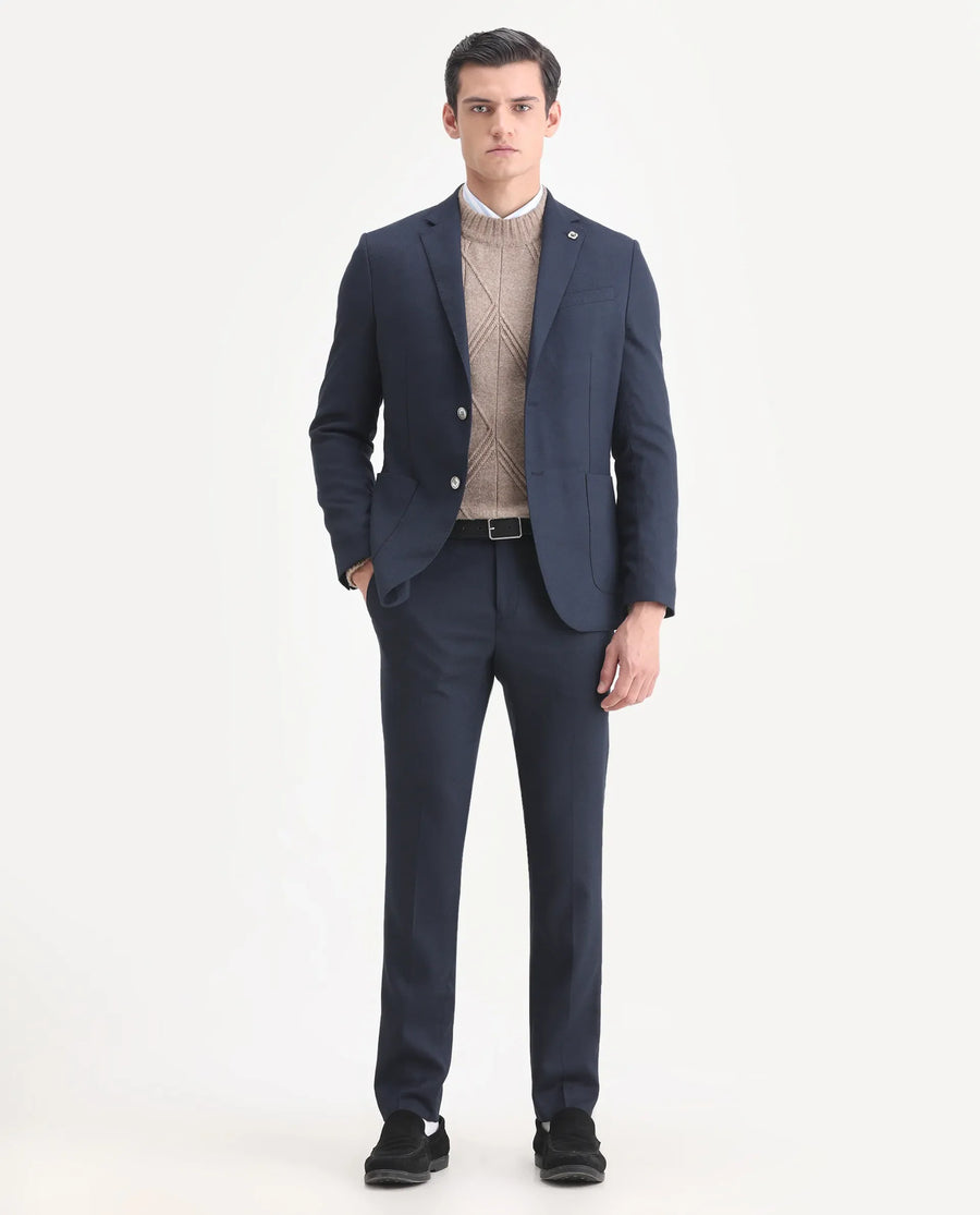 Rare Rabbit Men's Jardin Dark Navy Polyester Plain Tailored Fit Full Sleeve Lapel Neck Suits
