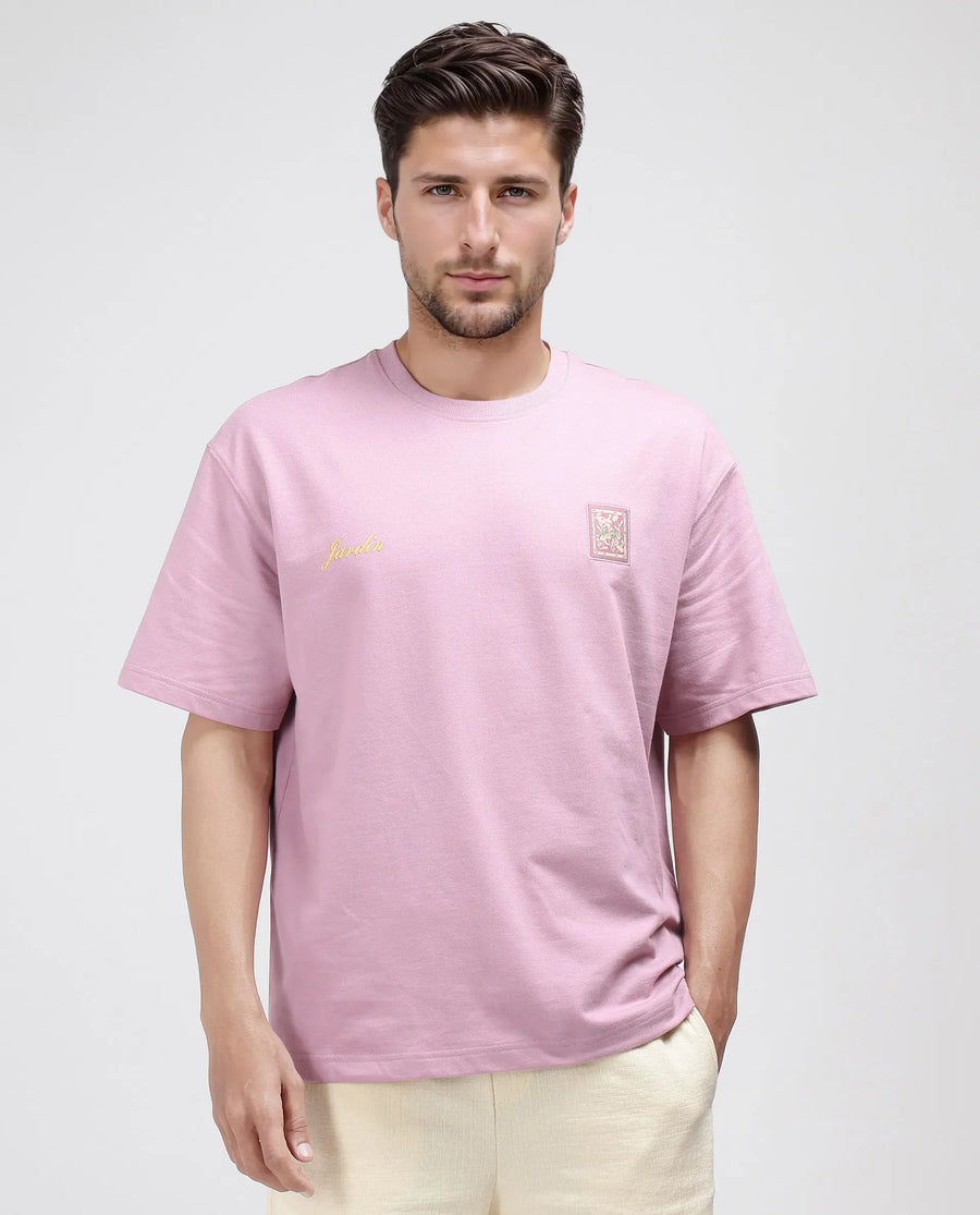 Rare Rabbit Men's Jardi Pink Cotton Graphic Print Oversized Fit Half Sleeve Crew Neck T-Shirt