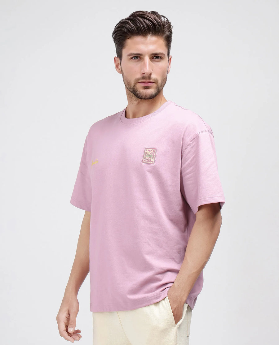 Rare Rabbit Men's Jardi Pink Cotton Graphic Print Oversized Fit Half Sleeve Crew Neck T-Shirt