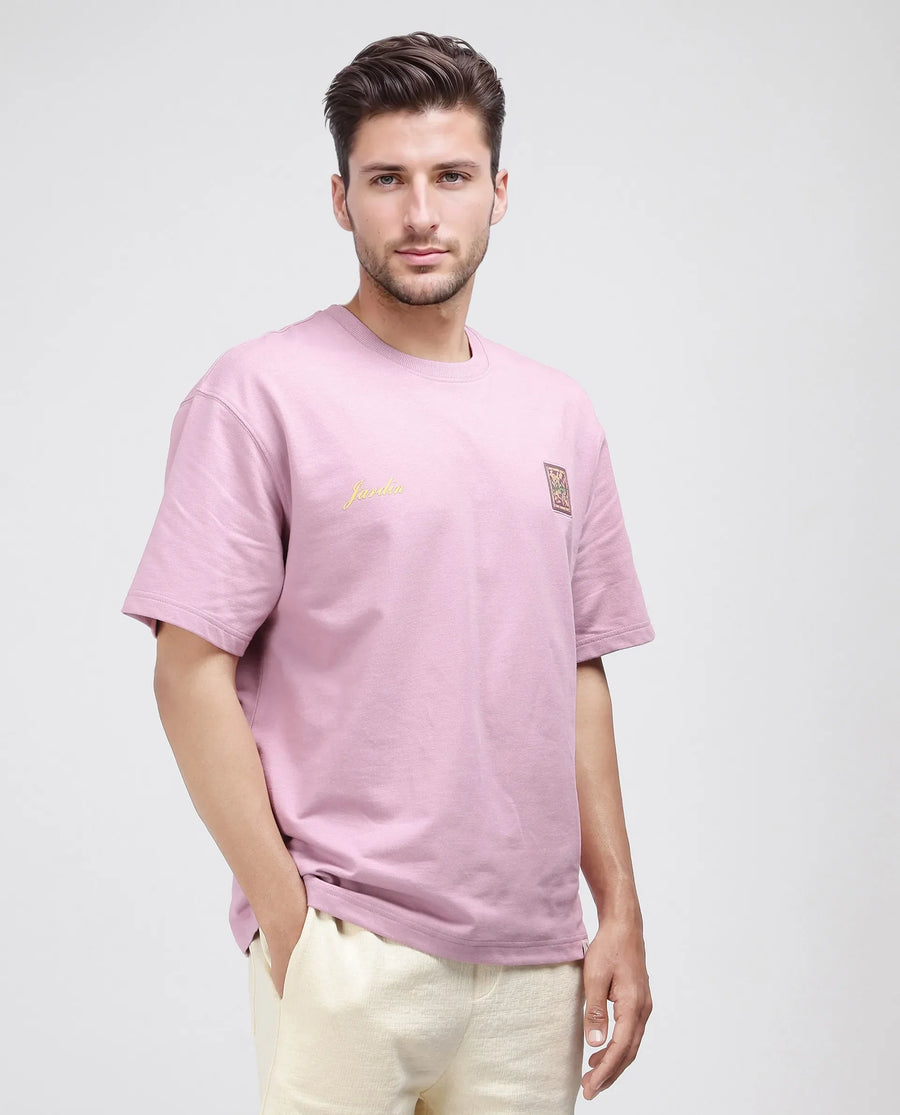 Rare Rabbit Men's Jardi Pink Cotton Graphic Print Oversized Fit Half Sleeve Crew Neck T-Shirt