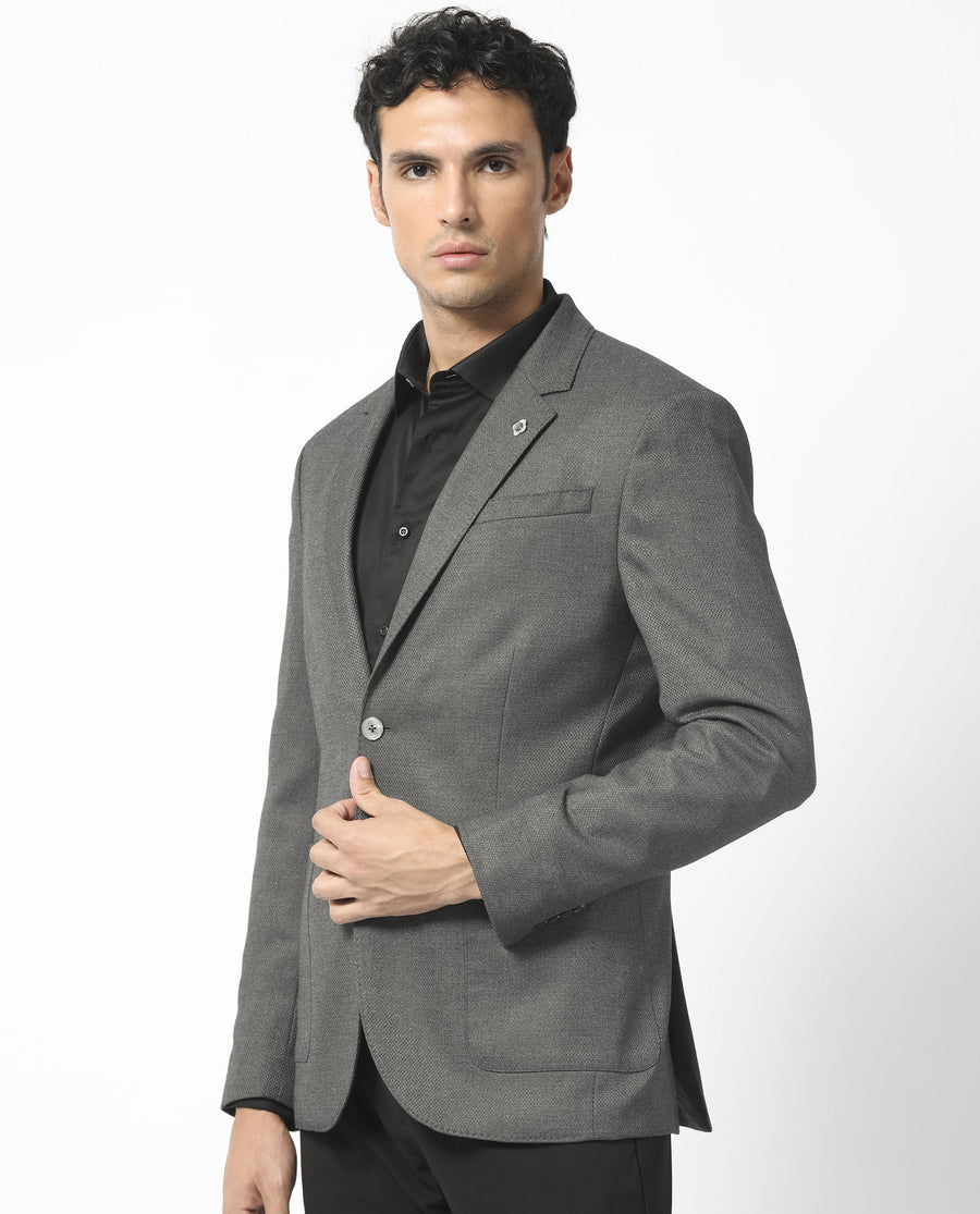 Rare Rabbit Men's Jardo Dark Grey Polyester Plain Tailored Fit Full Sleeve Lapel Neck Blazer